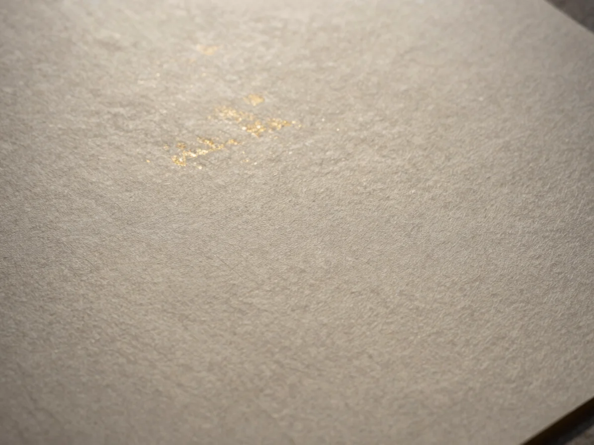 Tight macro shot of a textured archival paper with subtle gold foil detail, soft directional natural light, high-contras