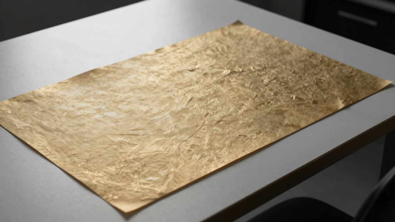 Textured archival papers on a minimalist desk, high-contrast monochrome with gold warmth.
