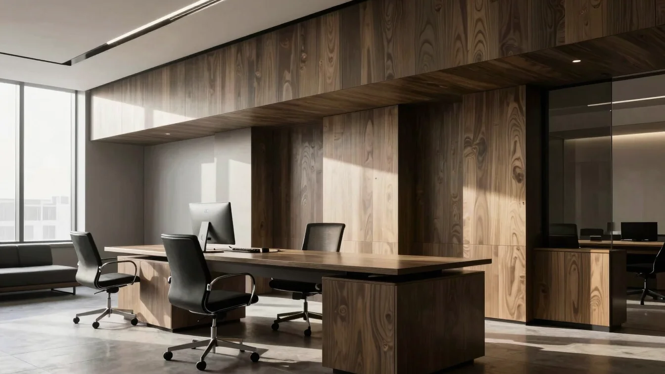 Architectural detail of a modern private office, soft directional natural light, high-contrast monochrome with gold warm