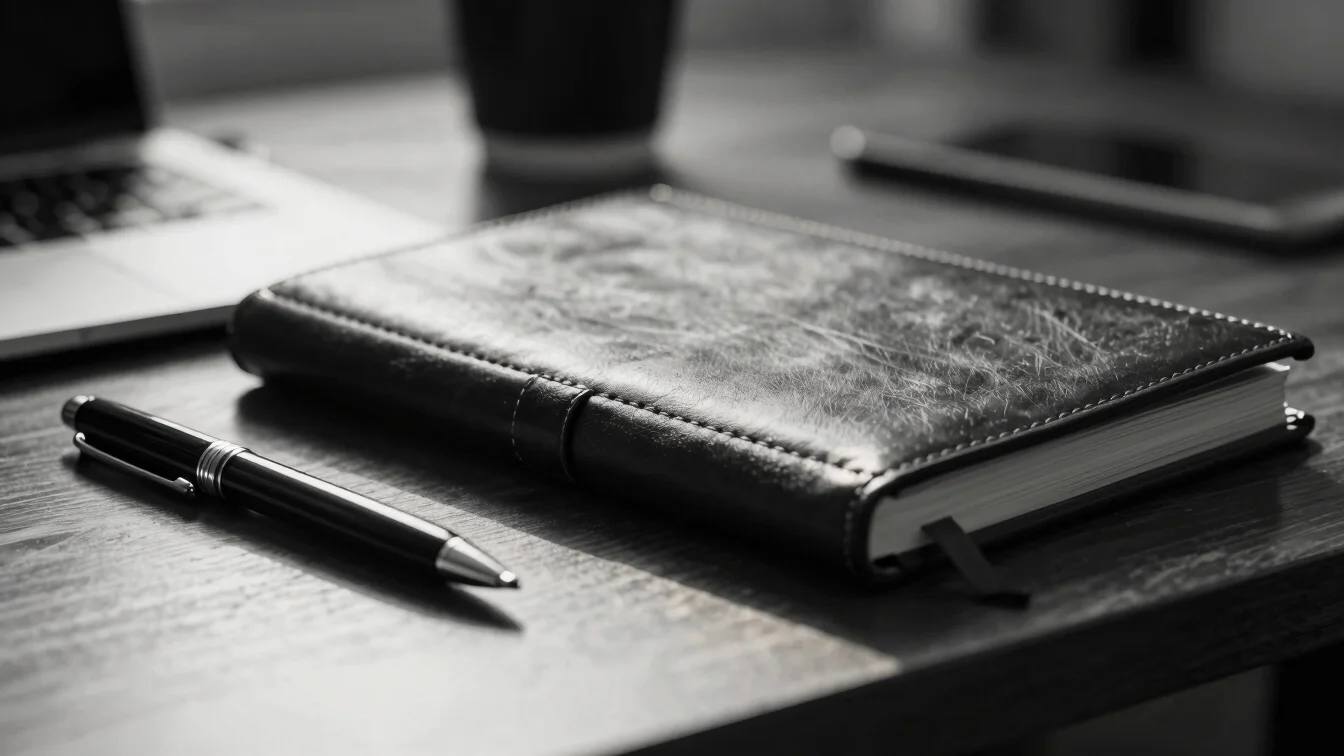 Close-up of a refined desk with a pen and leather-bound journal, soft directional natural light, high-contrast monochrom