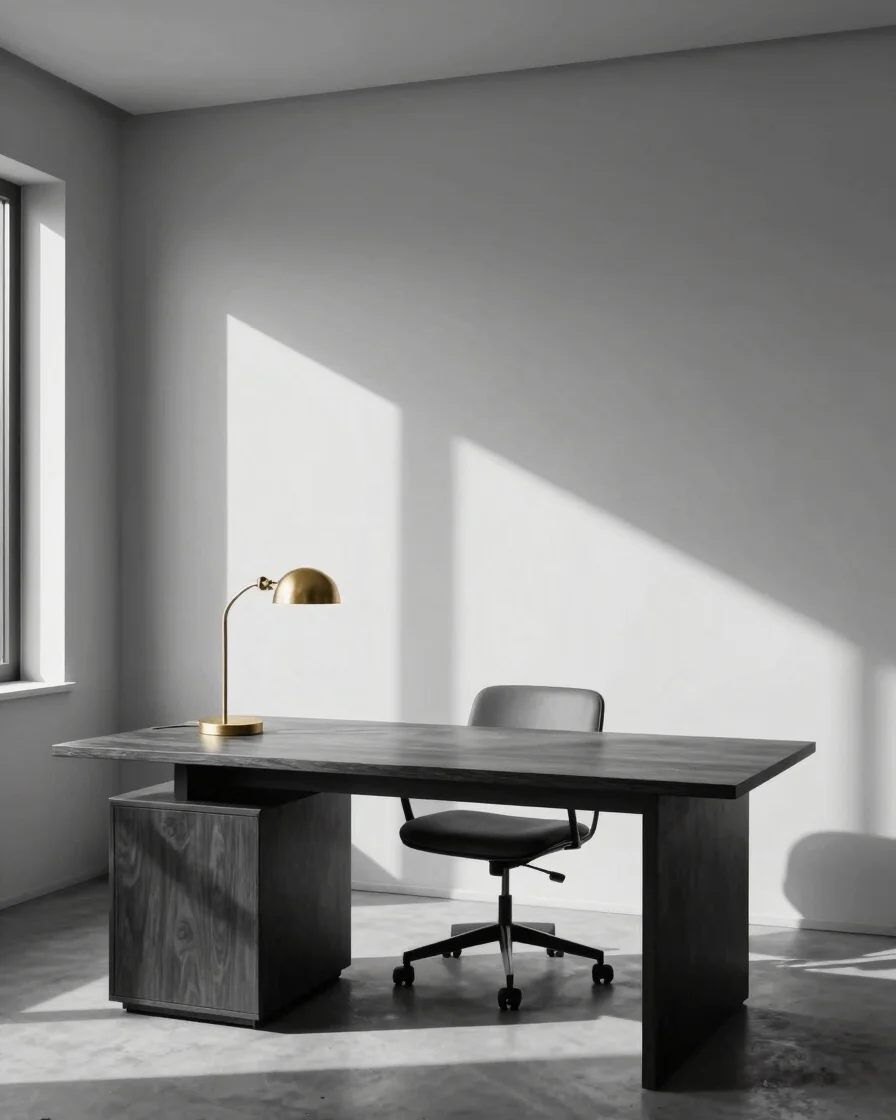 Monochrome architectural interior of a minimalist private office,