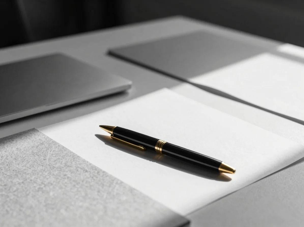 Close-up of a minimalist executive desk with textured archival papers and a gold-accented pen, soft directional natural