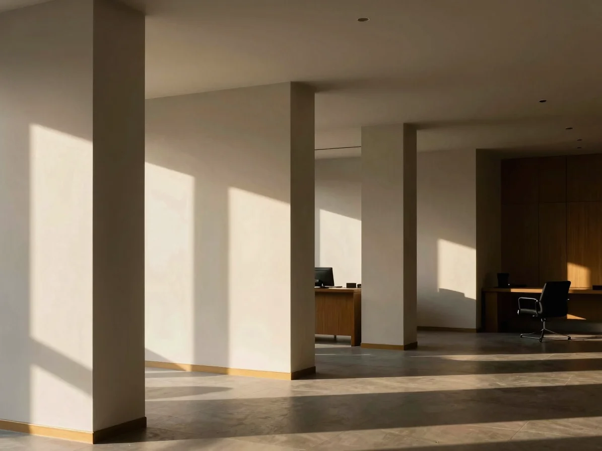 Architectural detail of a modern private office interior, clean lines, soft directional natural light creating deep shad